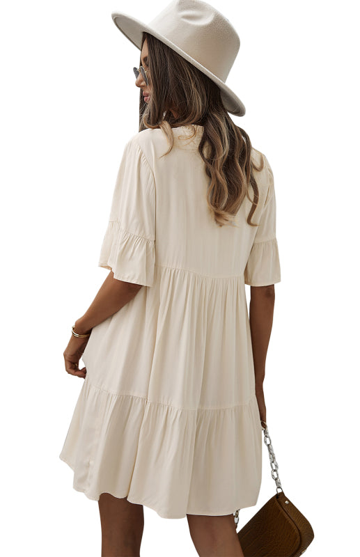 Dress- Relaxed Elegance: V-Neck Ruffle Mini Dress - Hurry, Shop Now!- - Pekosa Women Clothing