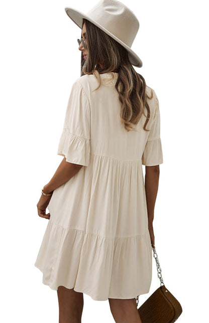 Dress- Relaxed Elegance: V-Neck Ruffle Mini Dress - Hurry, Shop Now!- - Pekosa Women Clothing