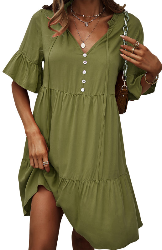 Dress- Relaxed Elegance: V-Neck Ruffle Mini Dress - Hurry, Shop Now!- - Pekosa Women Clothing