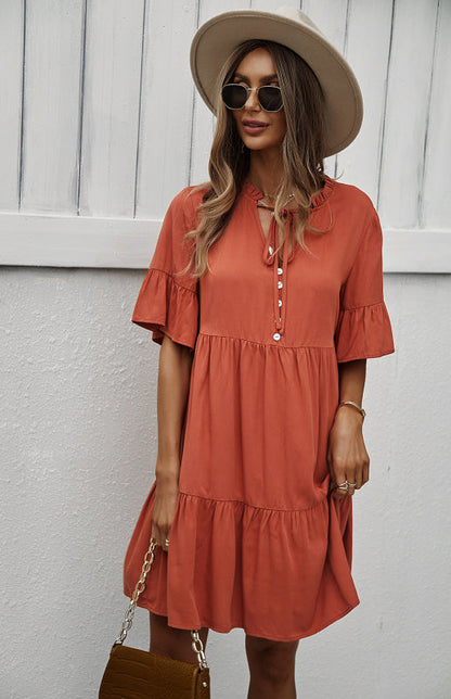 Dress- Relaxed Elegance: V-Neck Ruffle Mini Dress - Hurry, Shop Now!- Orange- Pekosa Women Clothing