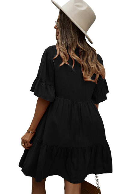 Dress- Relaxed Elegance: V-Neck Ruffle Mini Dress - Hurry, Shop Now!- - Pekosa Women Clothing