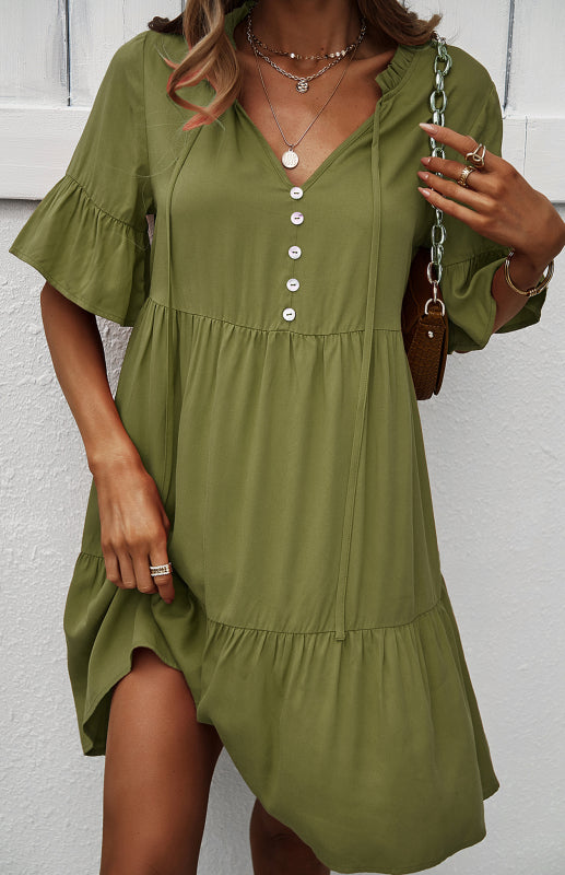 Dress- Relaxed Elegance: V-Neck Ruffle Mini Dress - Hurry, Shop Now!- - Pekosa Women Clothing