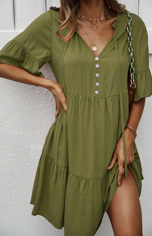 Dress- Relaxed Elegance: V-Neck Ruffle Mini Dress - Hurry, Shop Now!- - Pekosa Women Clothing