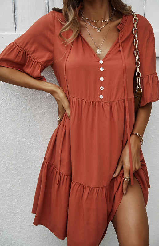 Dress- Relaxed Elegance: V-Neck Ruffle Mini Dress - Hurry, Shop Now!- - Pekosa Women Clothing