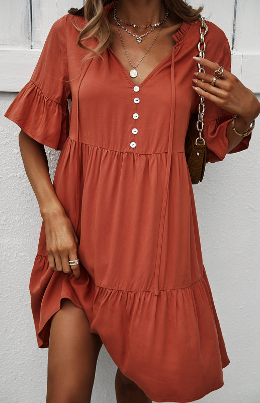 Dress- Relaxed Elegance: V-Neck Ruffle Mini Dress - Hurry, Shop Now!- - Pekosa Women Clothing