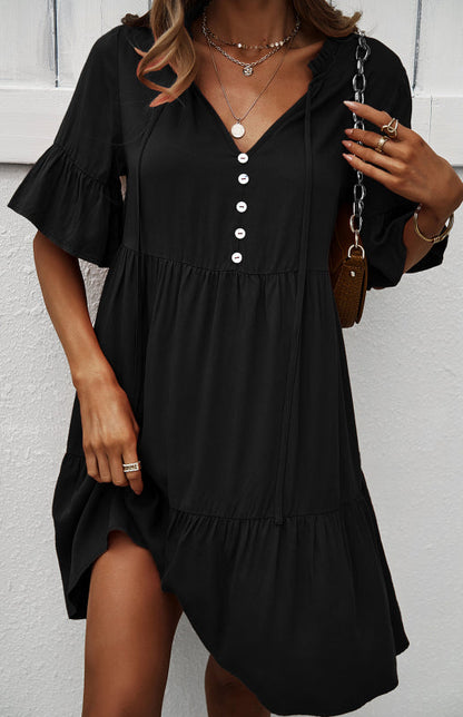 Dress- Relaxed Elegance: V-Neck Ruffle Mini Dress - Hurry, Shop Now!- - Pekosa Women Clothing