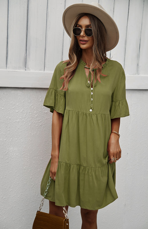 Dress- Relaxed Elegance: V-Neck Ruffle Mini Dress - Hurry, Shop Now!- Green- Pekosa Women Clothing