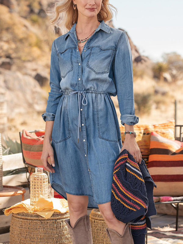 Dress- Retro Chic Women's Casual Denim Cotton Shirt Chambray Off-White Dress- Blue- Pekosa Women Clothing