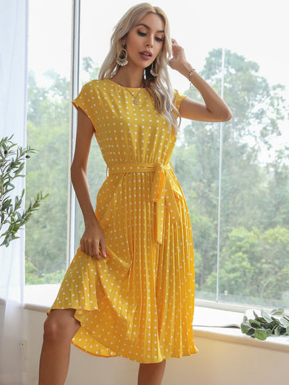 Dress- Romantic Polka Dot Midi Dress with Belted Waist and Pleated Skirt- Yellow- Pekosa Women Clothing