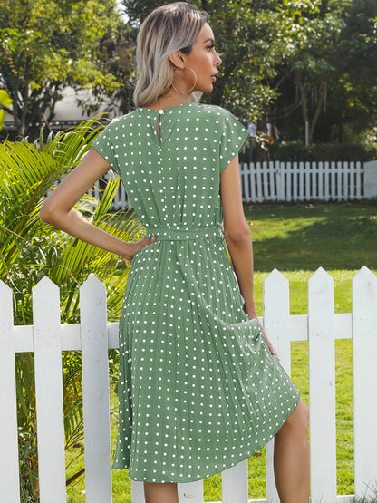 Dress- Romantic Polka Dot Midi Dress with Belted Waist and Pleated Skirt- - Pekosa Women Clothing