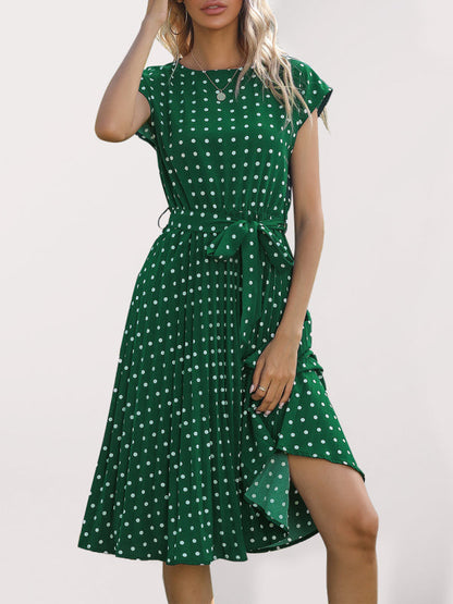 Dress- Romantic Polka Dot Midi Dress with Belted Waist and Pleated Skirt- Deep green- Pekosa Women Clothing