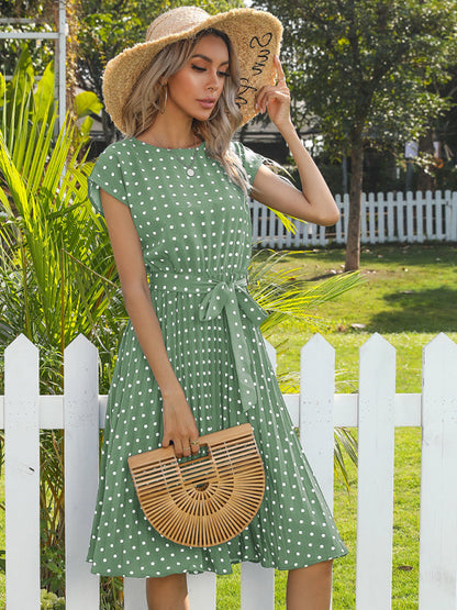 Dress- Romantic Polka Dot Midi Dress with Belted Waist and Pleated Skirt- - Pekosa Women Clothing