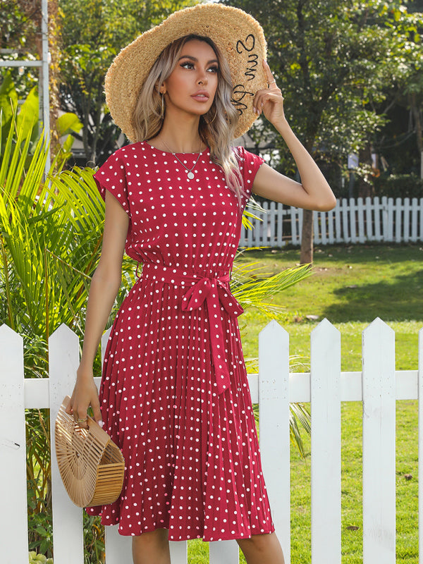 Dress- Romantic Polka Dot Midi Dress with Belted Waist and Pleated Skirt- Red- Pekosa Women Clothing