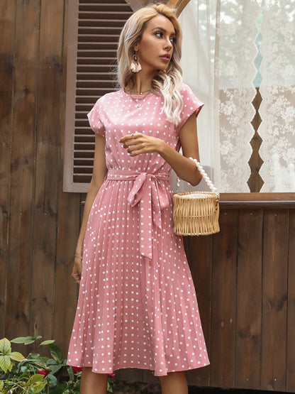 Dress- Romantic Polka Dot Midi Dress with Belted Waist and Pleated Skirt- - Pekosa Women Clothing