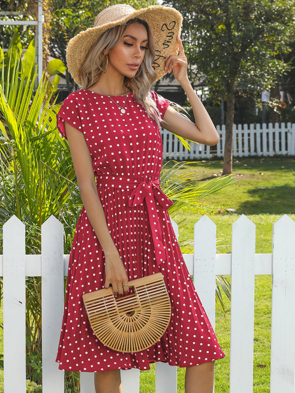 Dress- Romantic Polka Dot Midi Dress with Belted Waist and Pleated Skirt- - Pekosa Women Clothing