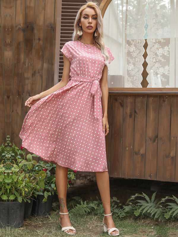 Dress- Romantic Polka Dot Midi Dress with Belted Waist and Pleated Skirt- - Pekosa Women Clothing