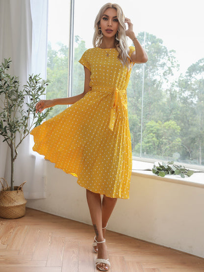 Dress- Romantic Polka Dot Midi Dress with Belted Waist and Pleated Skirt- - Pekosa Women Clothing