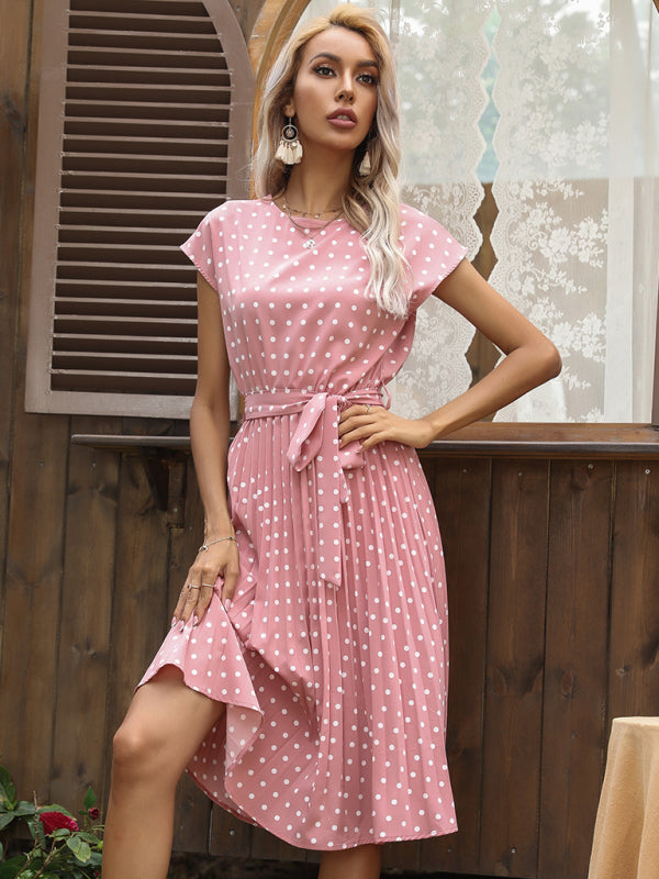 Dress- Romantic Polka Dot Midi Dress with Belted Waist and Pleated Skirt- Pink- Pekosa Women Clothing