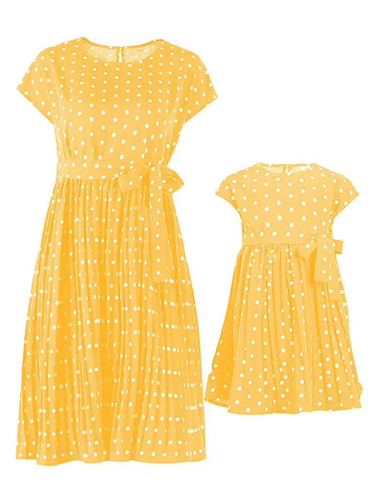 Dress- Romantic Polka Dot Midi Dress with Belted Waist and Pleated Skirt- - Pekosa Women Clothing