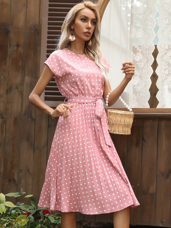 Dress- Romantic Polka Dot Midi Dress with Belted Waist and Pleated Skirt- - Pekosa Women Clothing