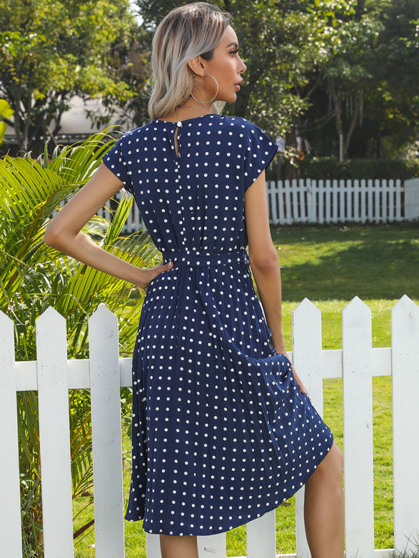 Dress- Romantic Polka Dot Midi Dress with Belted Waist and Pleated Skirt- - Pekosa Women Clothing