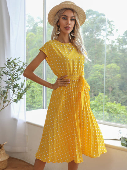 Dress- Romantic Polka Dot Midi Dress with Belted Waist and Pleated Skirt- - Pekosa Women Clothing