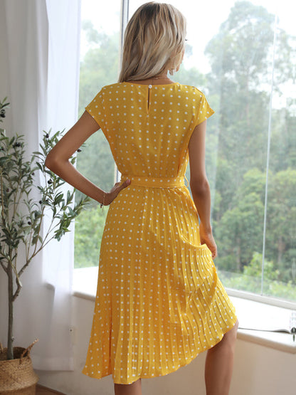 Dress- Romantic Polka Dot Midi Dress with Belted Waist and Pleated Skirt- - Pekosa Women Clothing