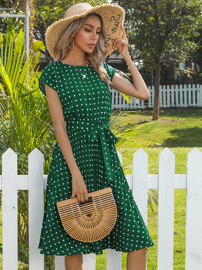 Dress- Romantic Polka Dot Midi Dress with Belted Waist and Pleated Skirt- - Pekosa Women Clothing