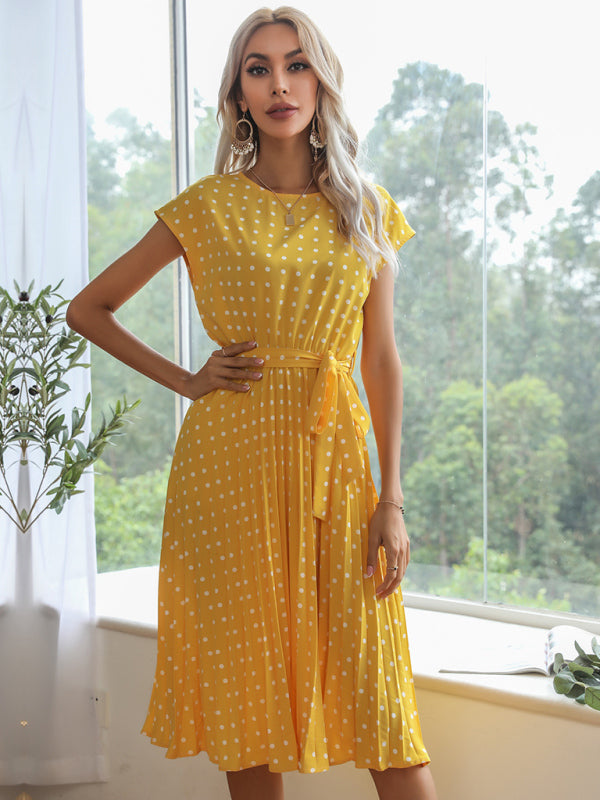 Dress- Romantic Polka Dot Midi Dress with Belted Waist and Pleated Skirt- - Pekosa Women Clothing