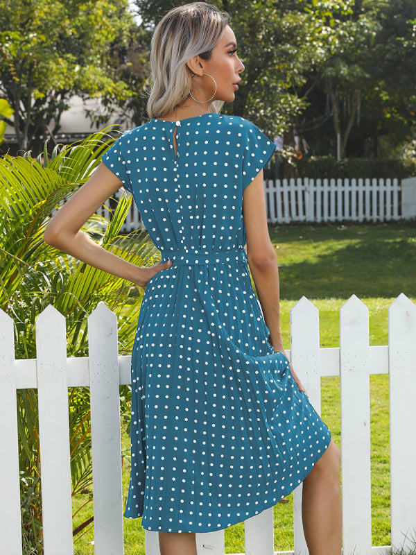 Dress- Romantic Polka Dot Midi Dress with Belted Waist and Pleated Skirt- - Pekosa Women Clothing