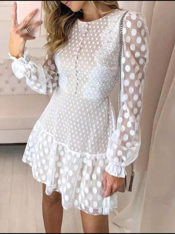 Dress- Romantic Polka Dot Mini Dress with Lantern Sleeves- - Pekosa Women Clothing