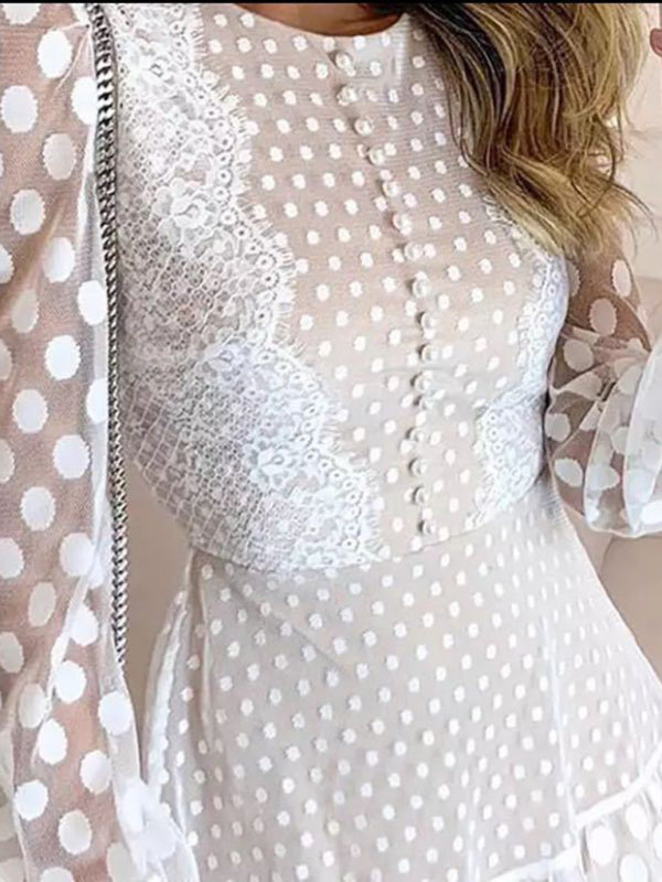 Dress- Romantic Polka Dot Mini Dress with Lantern Sleeves- - Pekosa Women Clothing