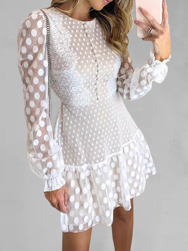 Dress- Romantic Polka Dot Mini Dress with Lantern Sleeves- White- Pekosa Women Clothing