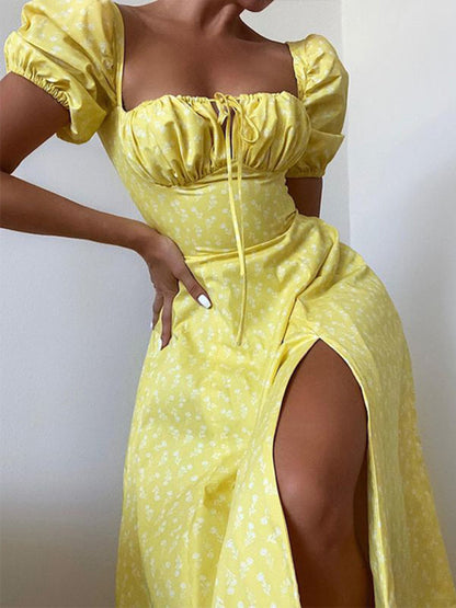 Dress- Romantic Vacation Dress with Adjustable Square Neck and Puff Sleeves- Yellow- Pekosa Women Clothing