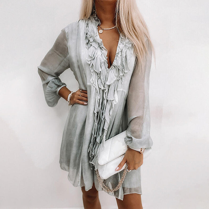 Dress- Seductive and Chic Mini Dress with Lantern Sleeves- Grey green- Pekosa Women Clothing