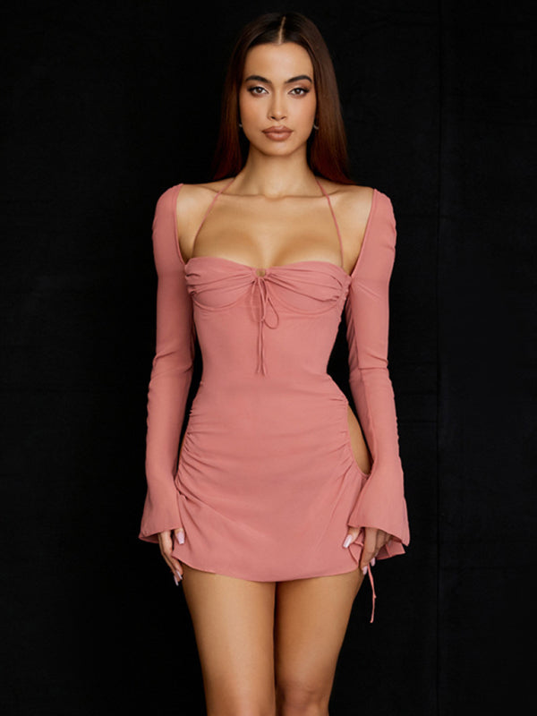 Dress- Sexy Mini Dress with Deep Neckline and Bell Sleeves- - Pekosa Women Clothing