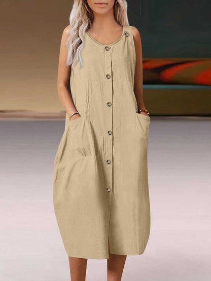 Dress- Solid Cotton Button Tank Dress- Khaki- Pekosa Women Clothing