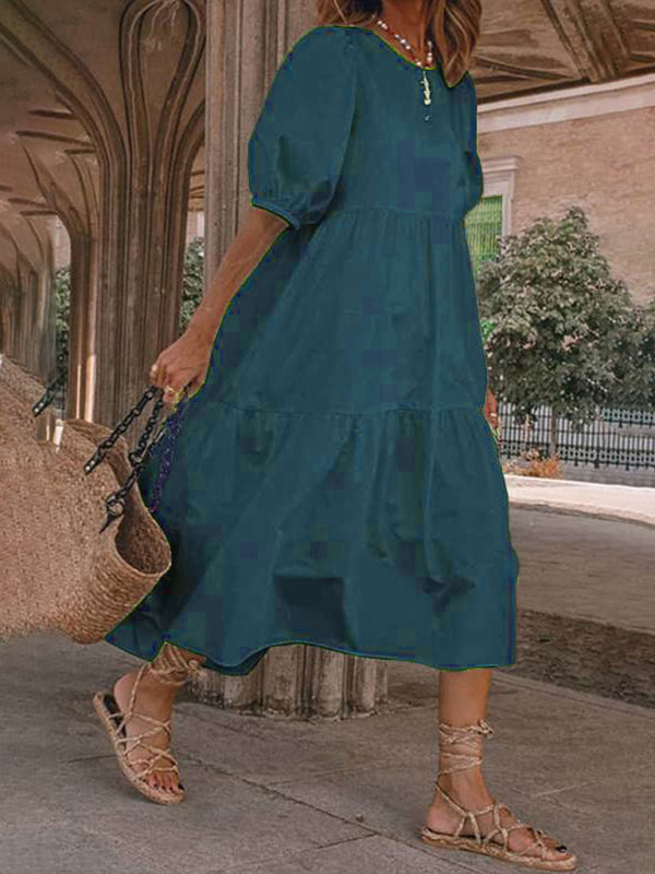 Dress- Solid Cotton Casual A-Line Tiered Midi Dress- Green black jasper- Pekosa Women Clothing