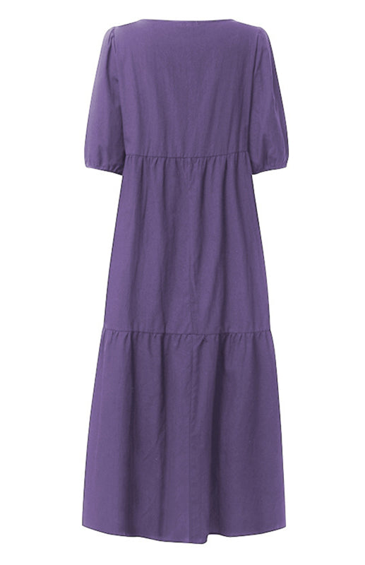 Dress- Solid Cotton Casual A-Line Tiered Midi Dress- - Pekosa Women Clothing