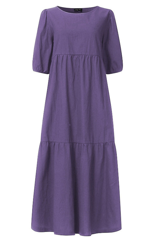 Dress- Solid Cotton Casual A-Line Tiered Midi Dress- - Pekosa Women Clothing