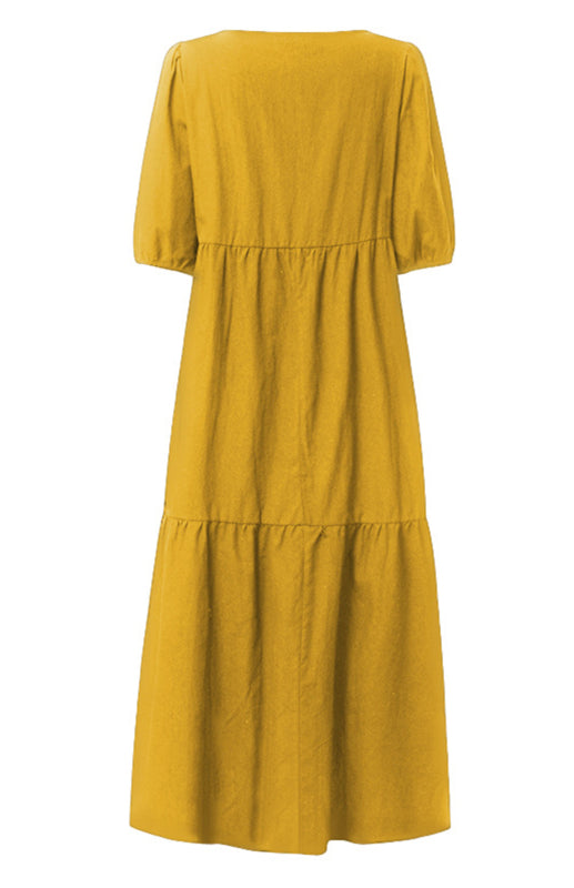 Dress- Solid Cotton Casual A-Line Tiered Midi Dress- - Pekosa Women Clothing