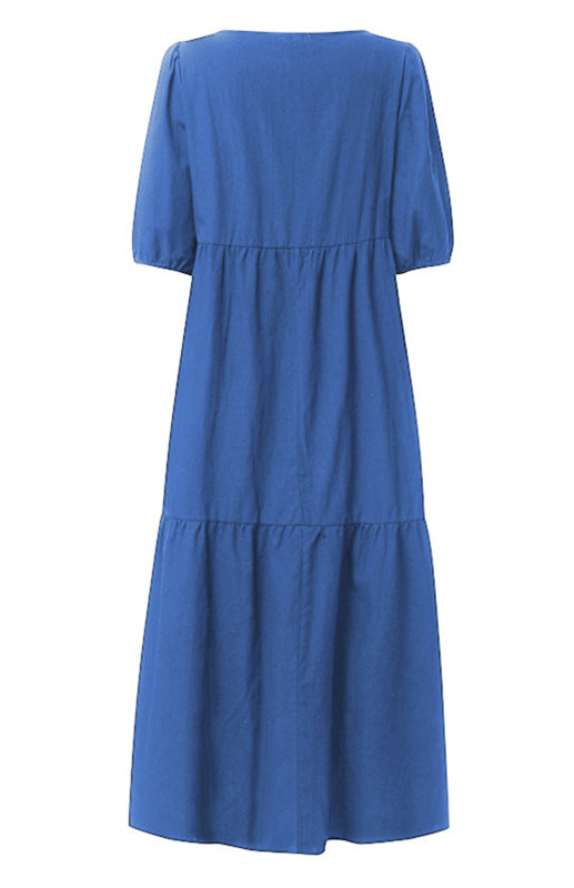 Dress- Solid Cotton Casual A-Line Tiered Midi Dress- - Pekosa Women Clothing