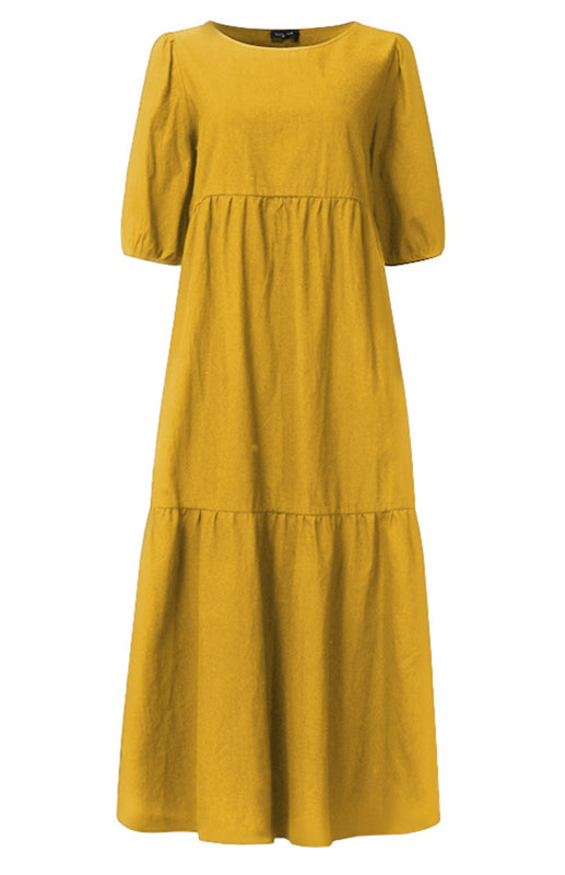 Dress- Solid Cotton Casual A-Line Tiered Midi Dress- - Pekosa Women Clothing