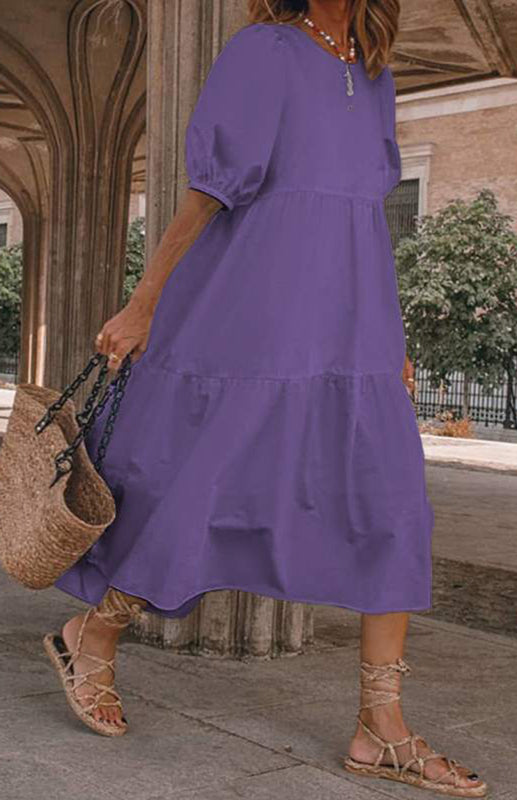 Dress- Solid Cotton Casual A-Line Tiered Midi Dress- Purple- Pekosa Women Clothing