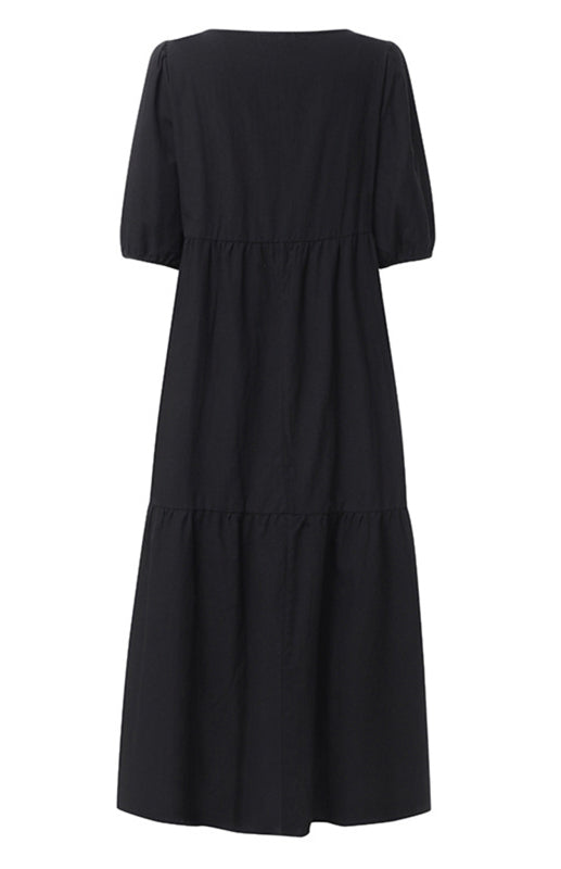 Dress- Solid Cotton Casual A-Line Tiered Midi Dress- - Pekosa Women Clothing