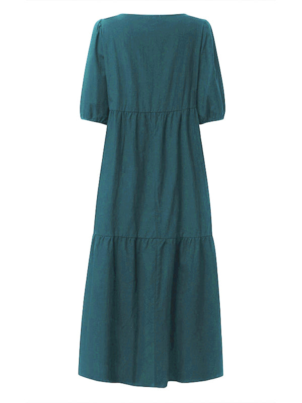 Dress- Solid Cotton Casual A-Line Tiered Midi Dress- - Pekosa Women Clothing