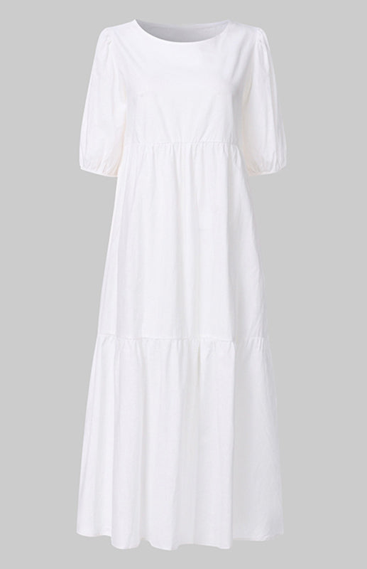 Dress- Solid Cotton Casual A-Line Tiered Midi Dress- Raw white off white- Pekosa Women Clothing