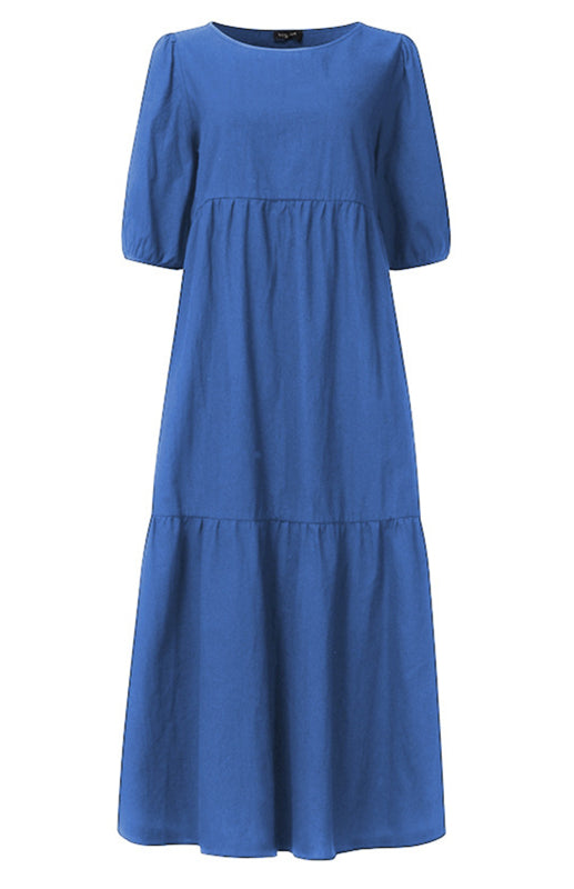 Dress- Solid Cotton Casual A-Line Tiered Midi Dress- - Pekosa Women Clothing