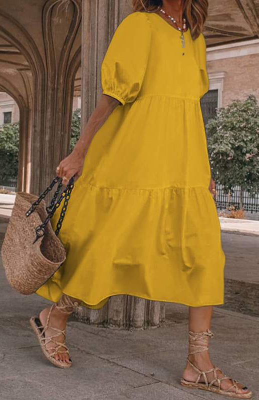 Dress- Solid Cotton Casual A-Line Tiered Midi Dress- Yellow- Pekosa Women Clothing