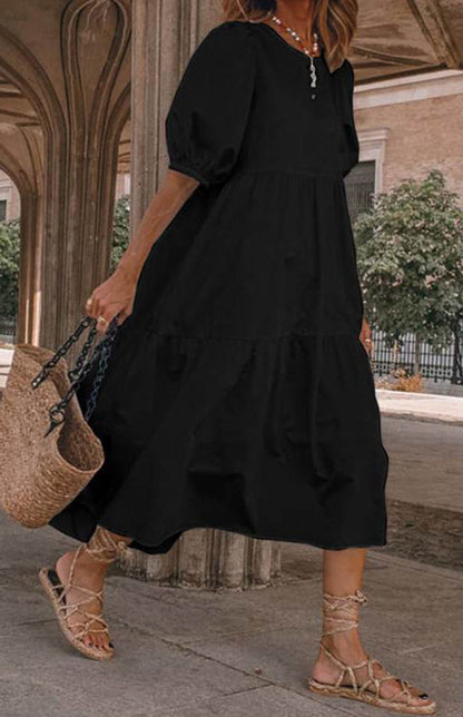 Dress- Solid Cotton Casual A-Line Tiered Midi Dress- Black- Pekosa Women Clothing